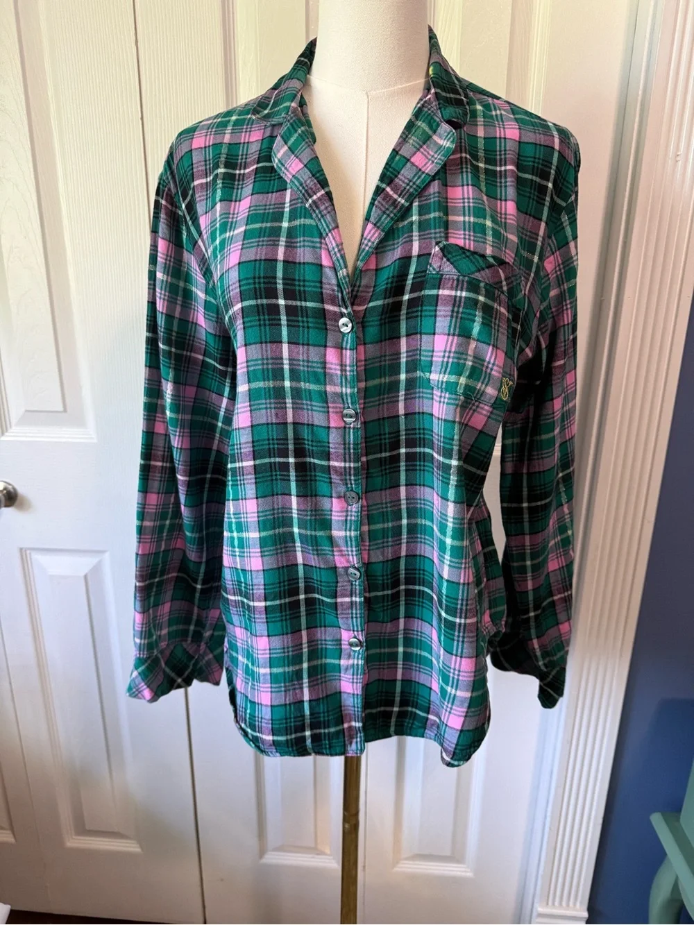 Victoria’s Secret Plaid Button Up Shirt XS -SM Metallic Thread Cotton Modal - Picture 2 of 10